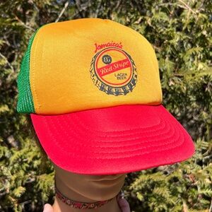 Vintage 90s Red Stripe lager beer trucker mesh snapback hat baseball cap lager